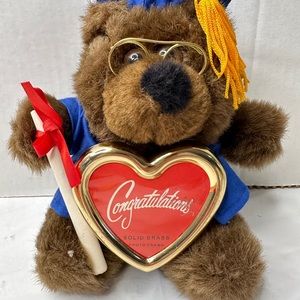 Graduation Brown Bear with Glasses Blue Hat Small Heart Picture Frame NWOT